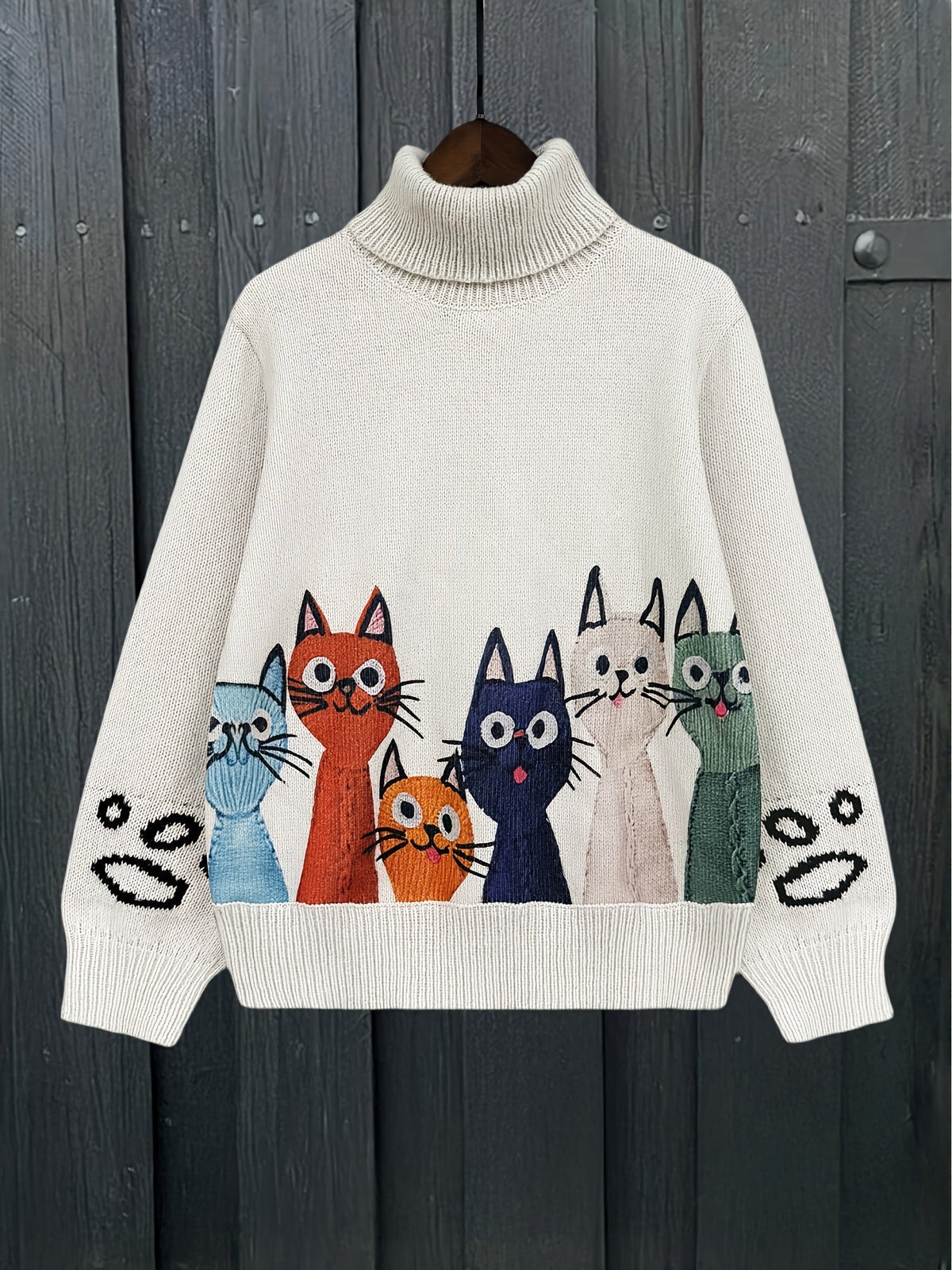 Polo trui met kattenmotief, gebroken witte gebreide trui met rolkraag en kleurrijke katten