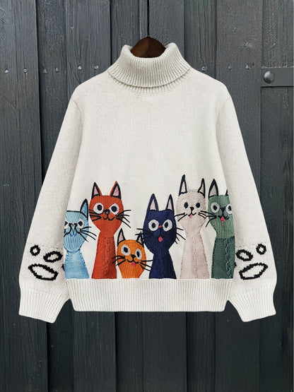 Polo trui met kattenmotief, gebroken witte gebreide trui met rolkraag en kleurrijke katten