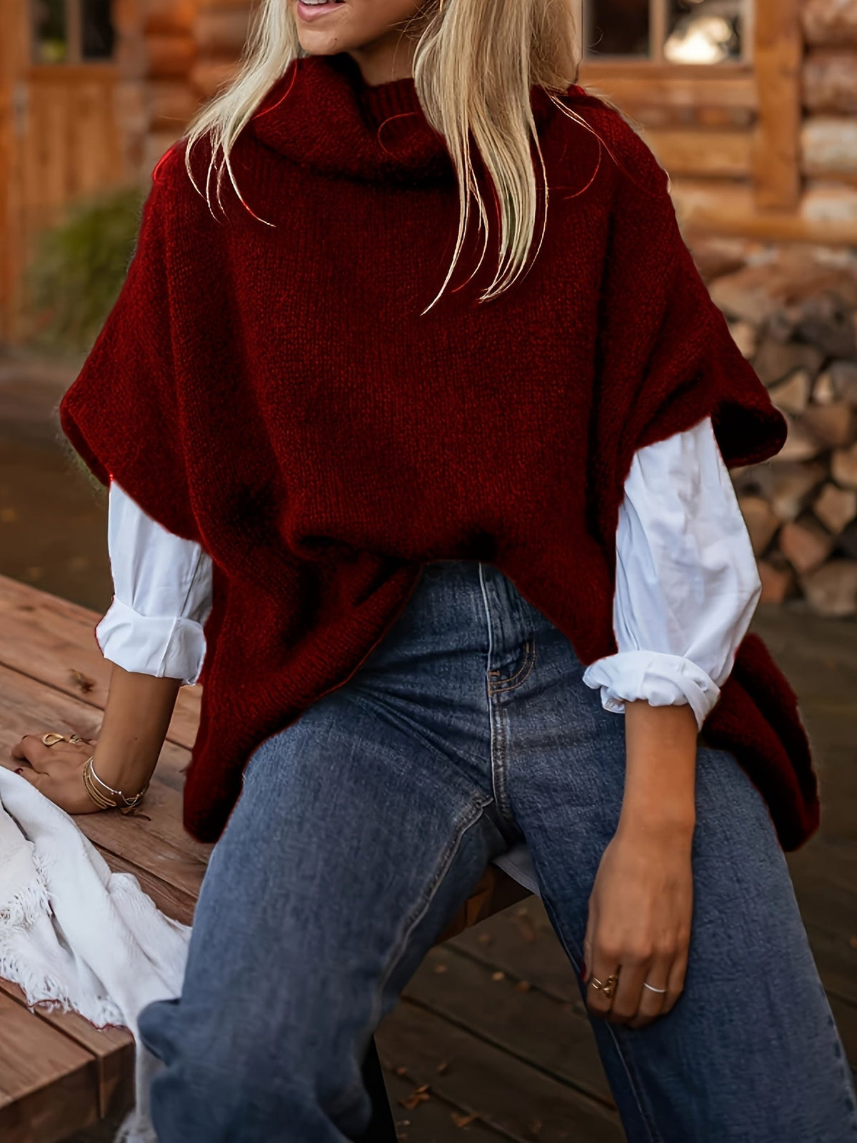 Gebreide poncho-top met polokraag en korte mouwen, losse pasvorm