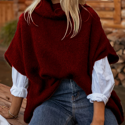 Gebreide poncho-top met polokraag en korte mouwen, losse pasvorm