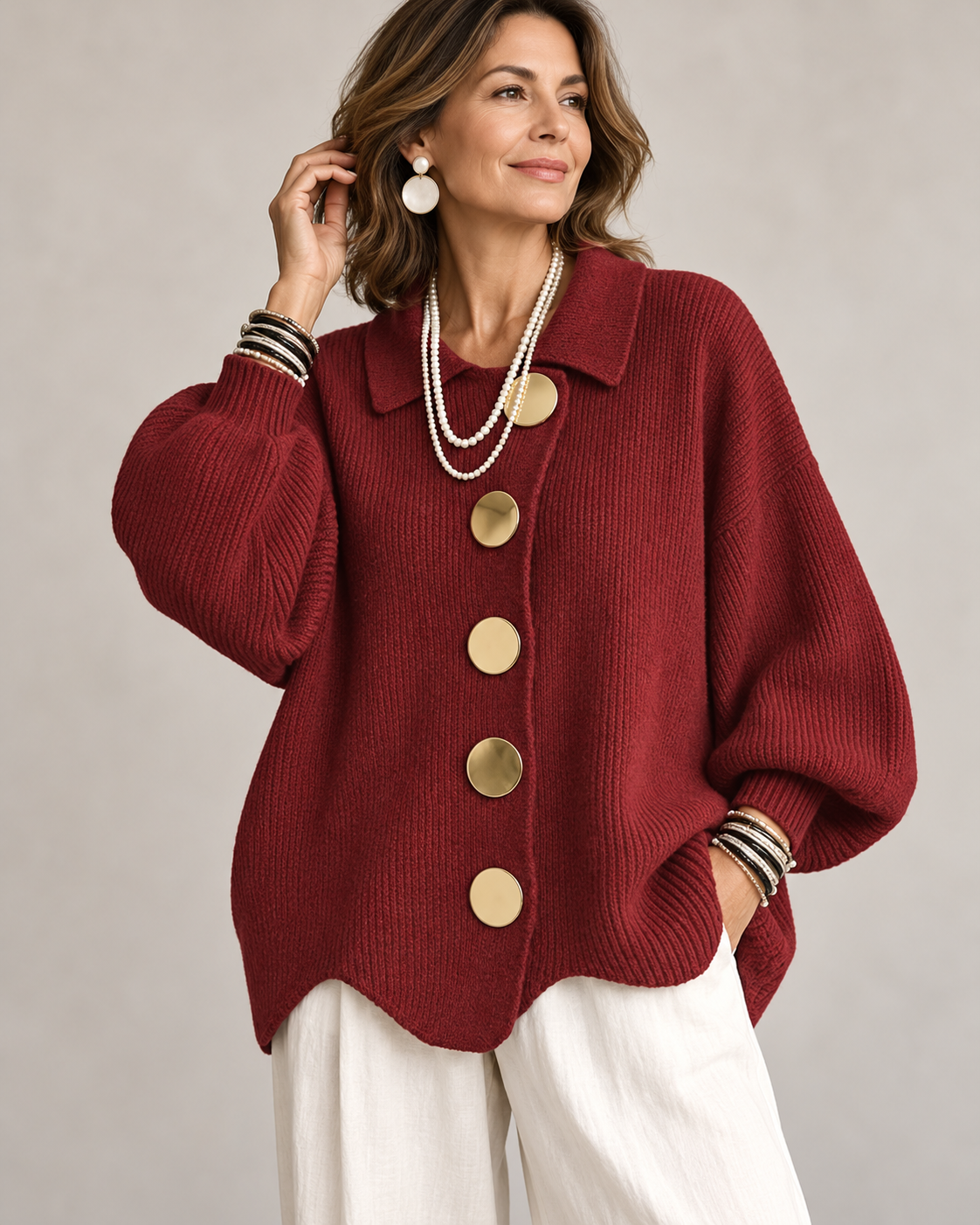 Fleur Oversized Gebreid Damesvest met Kraag en Knopen