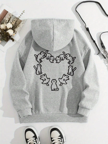 Lichtgrijze hoodie met kattenprint en capuchon voor unisex