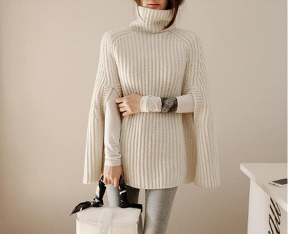 Dames Gebreide Poncho met Hoge Col en Cape-Mouwen