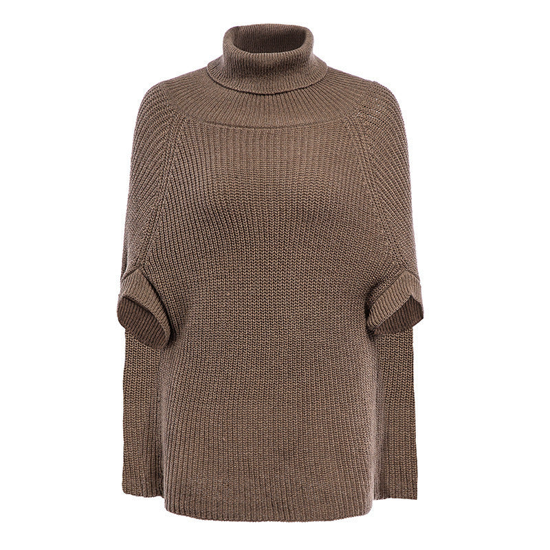Dames Gebreide Poncho met Hoge Col en Cape-Mouwen