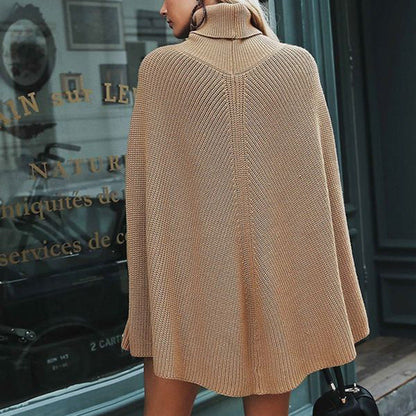 Dames Gebreide Poncho met Hoge Col en Cape-Mouwen