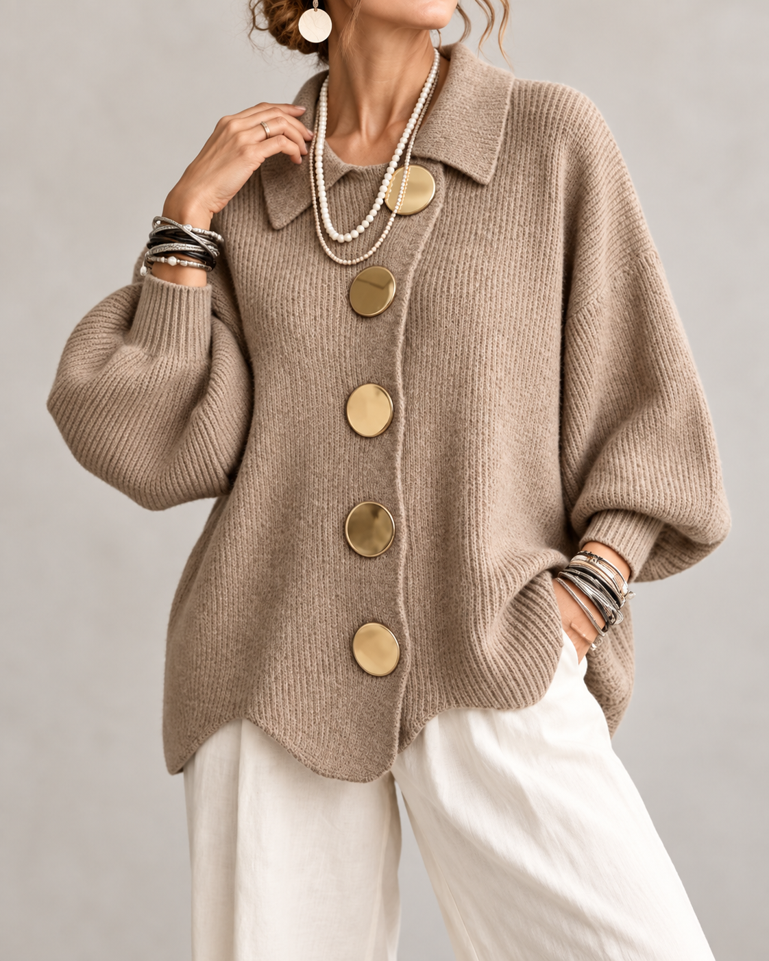 Fleur Oversized Gebreid Damesvest met Kraag en Knopen