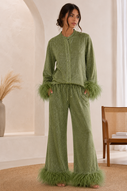 Saar Dames Glitter Set – Blouse en Wijde Broek met Veren