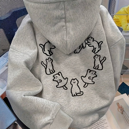 Lichtgrijze hoodie met kattenprint en capuchon voor unisex