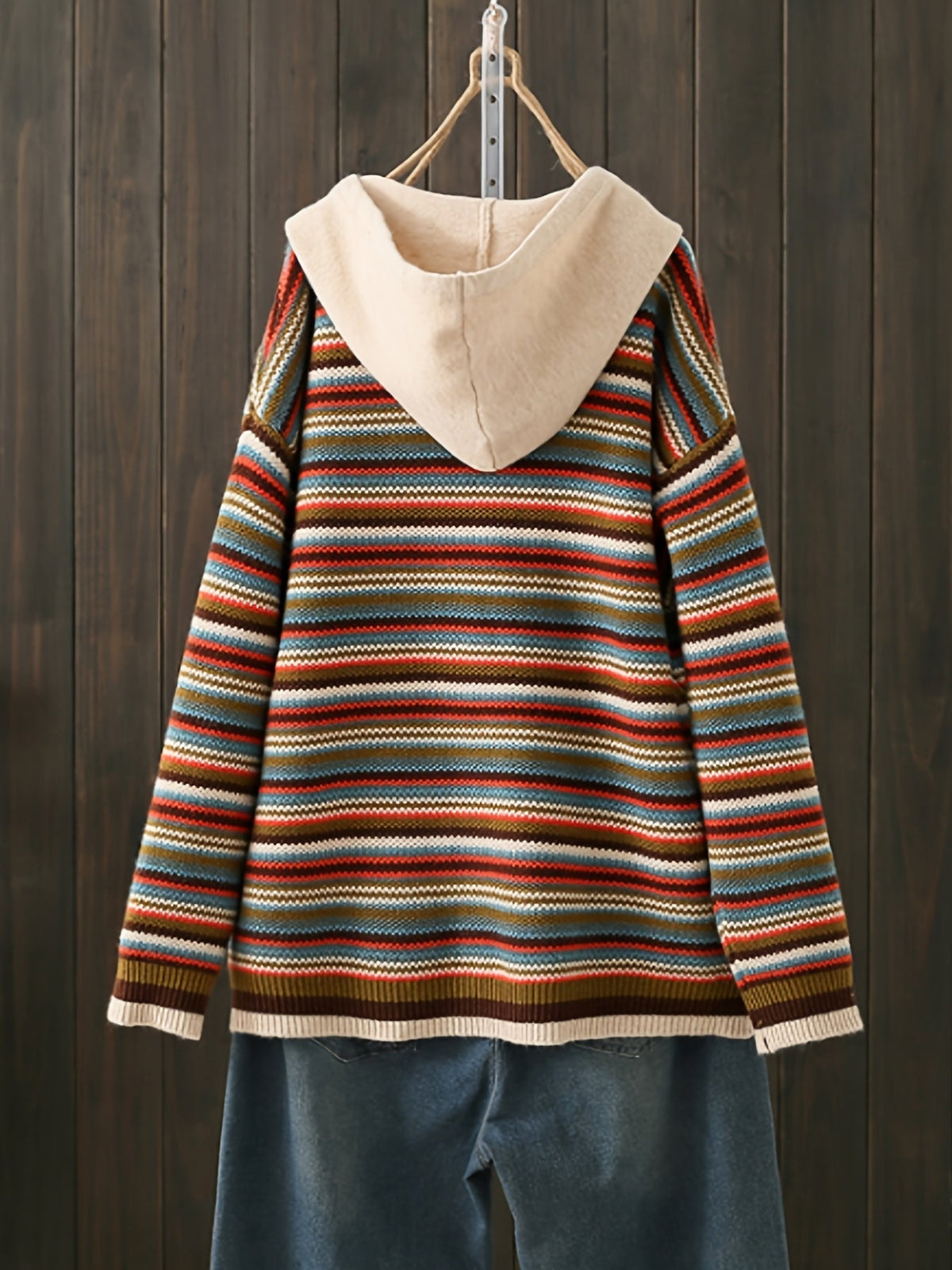 Randig gebreide hoodie met trekkoord