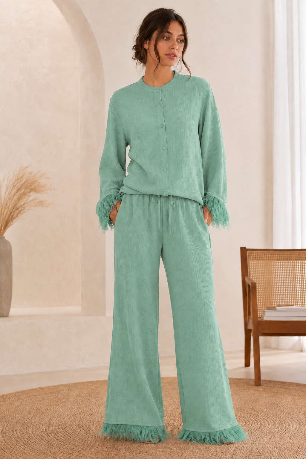 Saar Dames Glitter Set – Blouse en Wijde Broek met Veren