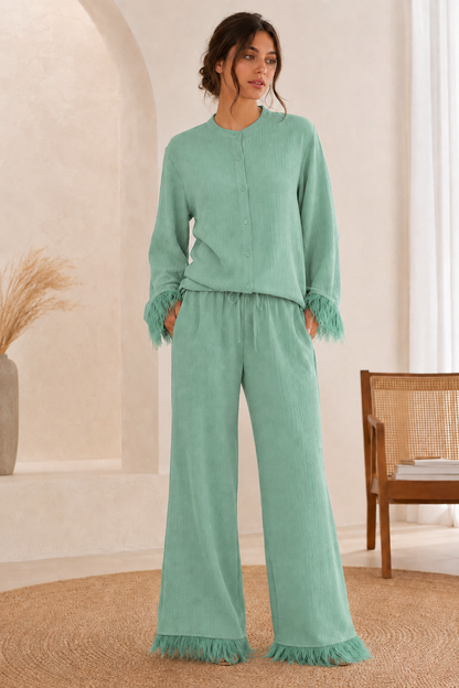 Saar Dames Glitter Set – Blouse en Wijde Broek met Veren