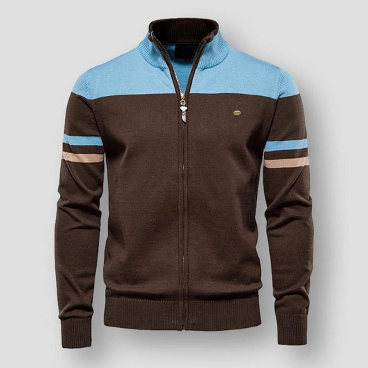 Zavero Gestreepte Katoenen Sweater met Rits en Opstaande Kraag