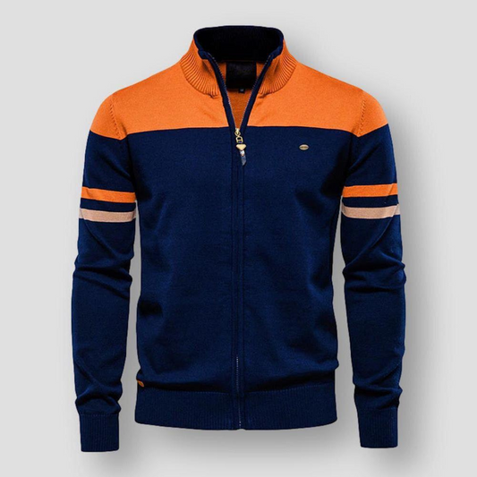 Zavero Gestreepte Katoenen Sweater met Rits en Opstaande Kraag
