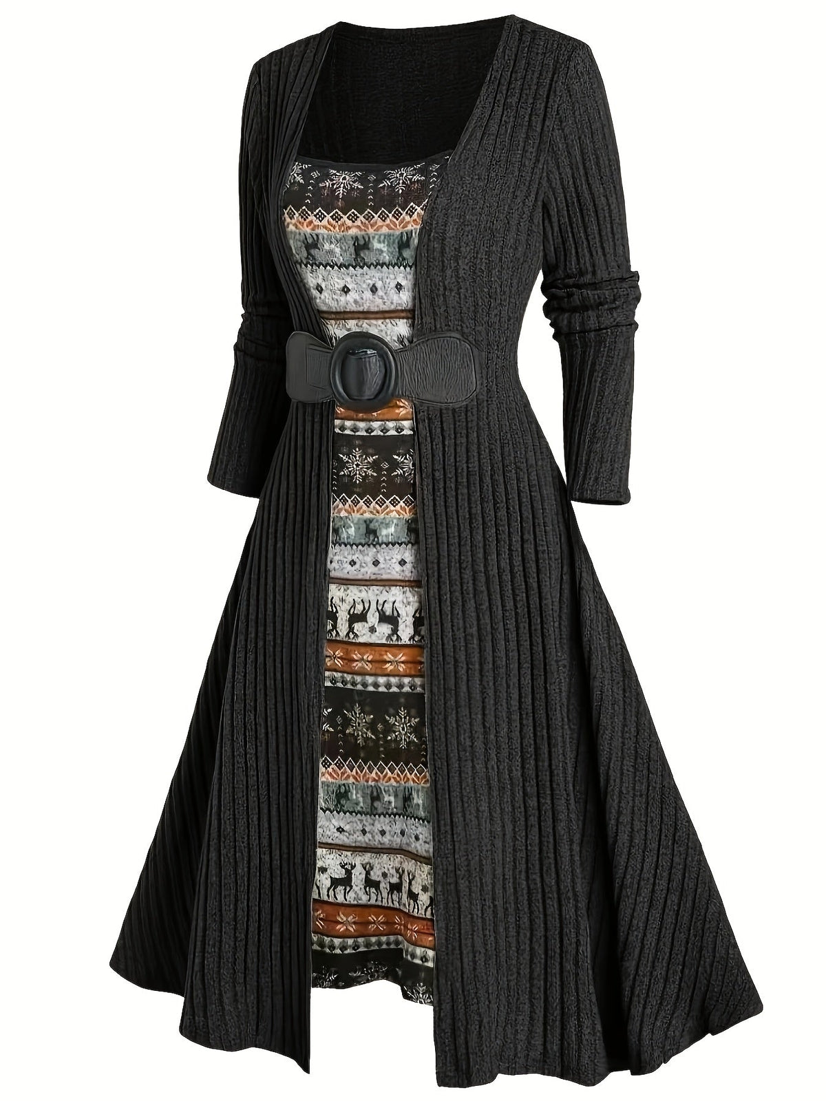 Geribbelde cardigan en jurkset met winterpatroon, lange model, riem