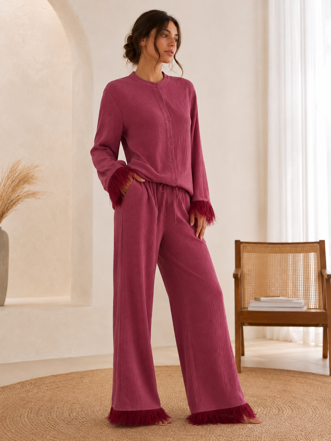 Saar Dames Glitter Set – Blouse en Wijde Broek met Veren