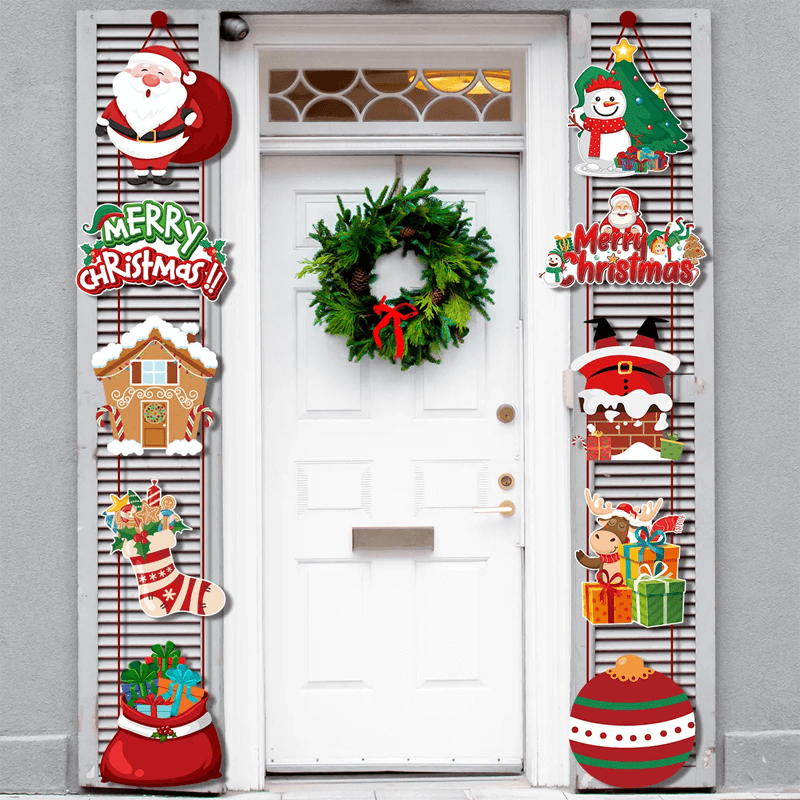 Vrolijk Kerst Hangende Deurbanner - Kerstman, Sneeuwman, Kerstboom, Peperkoekhuis