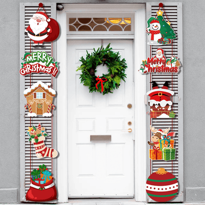 Vrolijk Kerst Hangende Deurbanner - Kerstman, Sneeuwman, Kerstboom, Peperkoekhuis