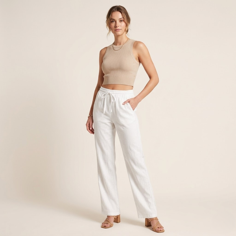 Dames Linnen Broek Nora | Wijde Pijpen en Elastische Taille