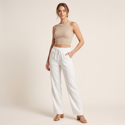 Dames Linnen Broek Nora | Wijde Pijpen en Elastische Taille
