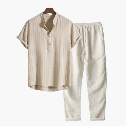 Lunavio Linnen Set Heren met Henley Overhemd en Comfort Broek