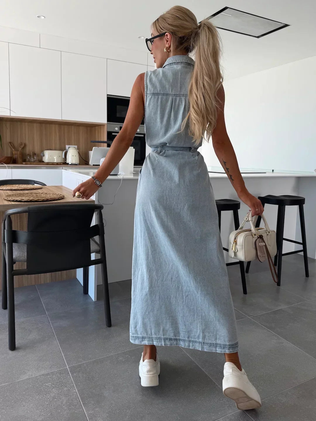 Glamoure Zomerse Haven Denim Doorknoopjurk Mouwloos Losvallend