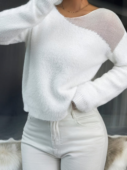 Witte trui met v-hals en transparante details