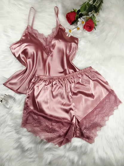Dames Pyjamasset Met Kantdetail – V-hals Loungewear Voor Lente en Zomer