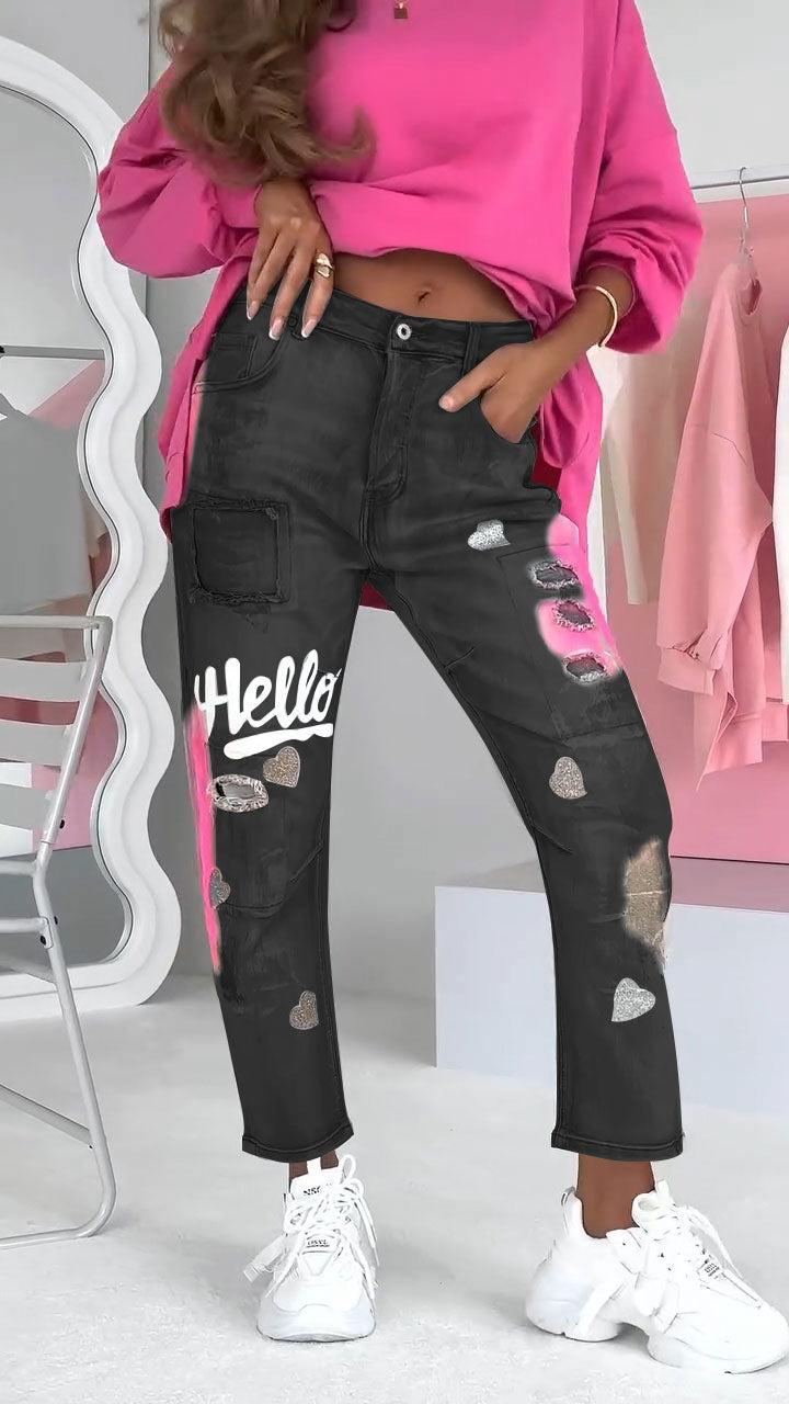 Ravelle damesjeans met ripped details en graffiti-streetstyle