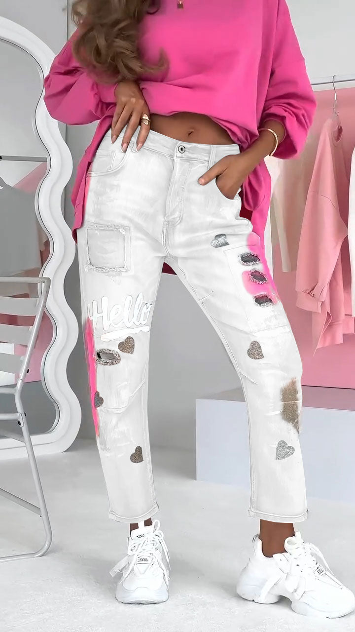 Ravelle damesjeans met ripped details en graffiti-streetstyle