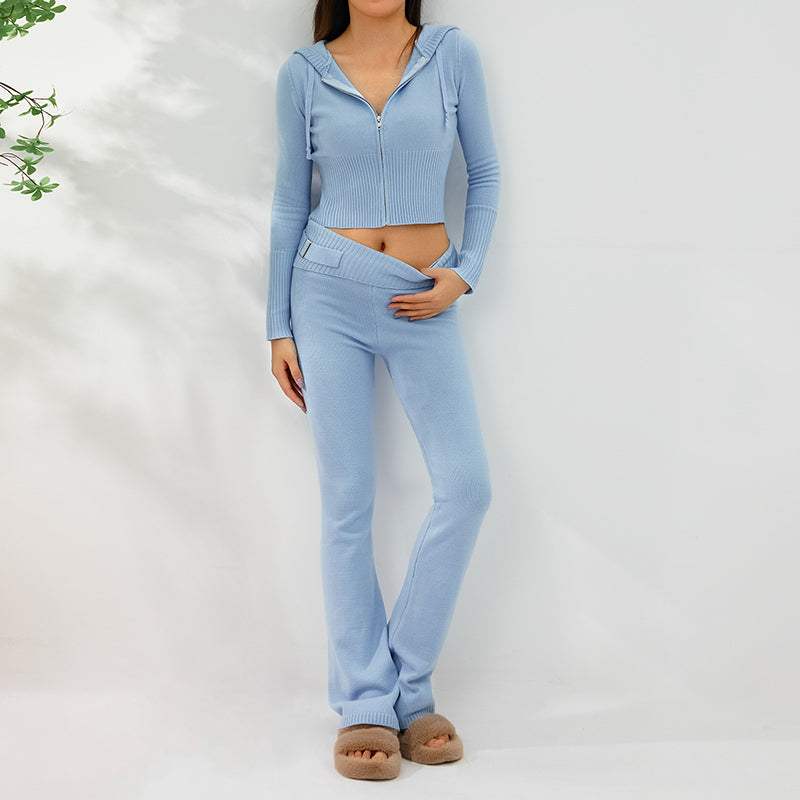 Ribbelora – 2-delige dames set met cropped hoodie en flared broek