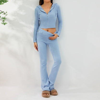 Ribbelora – 2-delige dames set met cropped hoodie en flared broek
