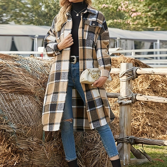 Lange Damesblouse Geruit met Knoopsluiting en Twee Borstzakken