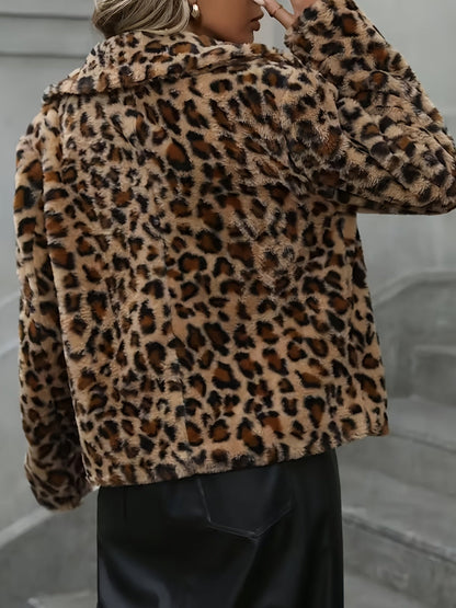 Leopardprint damesjas van nepbont met kraag en lange mouwen