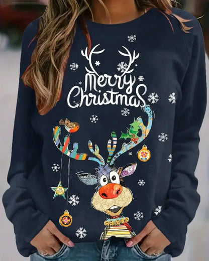 Dames Kersttrui – Feestelijke Trui met Rendierprint en Ronde Hals