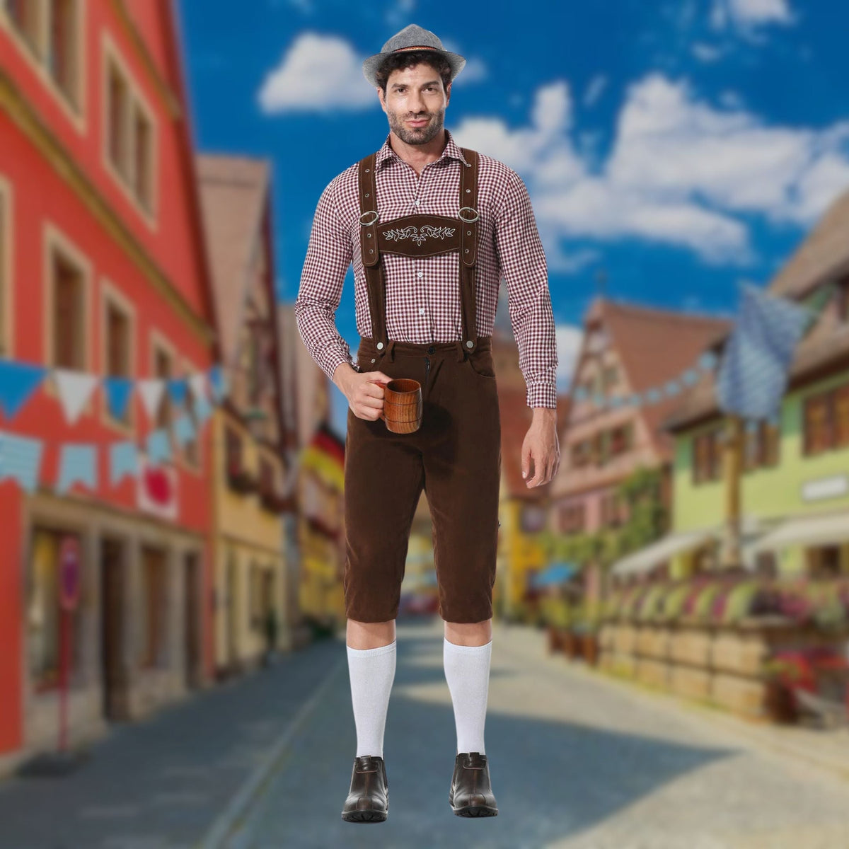 Heren 3-Delig Oktoberfest Kostuum met Bretels en Borduurdetails