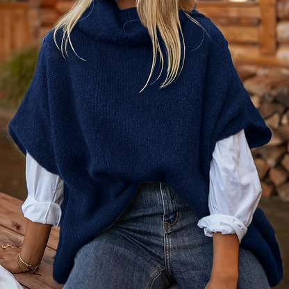 Gebreide poncho-top met polokraag en korte mouwen, losse pasvorm