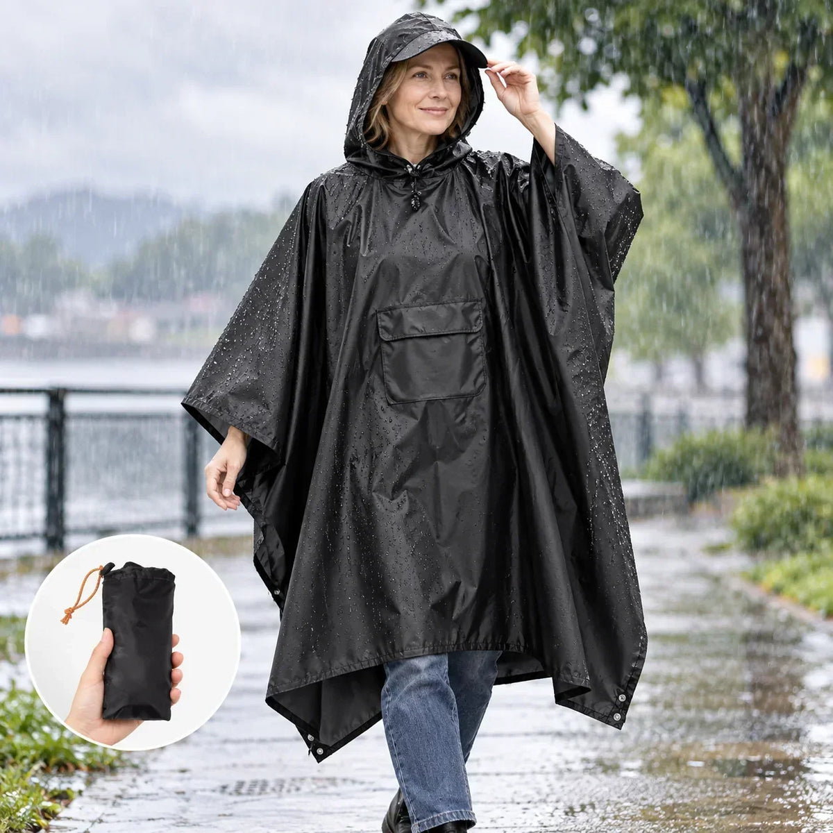 Regenrust – Ruime regenponcho met rugzakbescherming en opbergtas