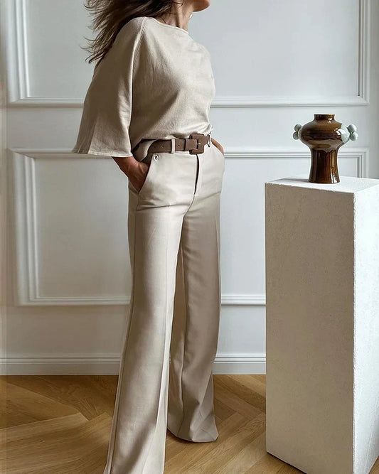 Sofie Dames 2-Delige Set – Top en Wijde Broek met Riem