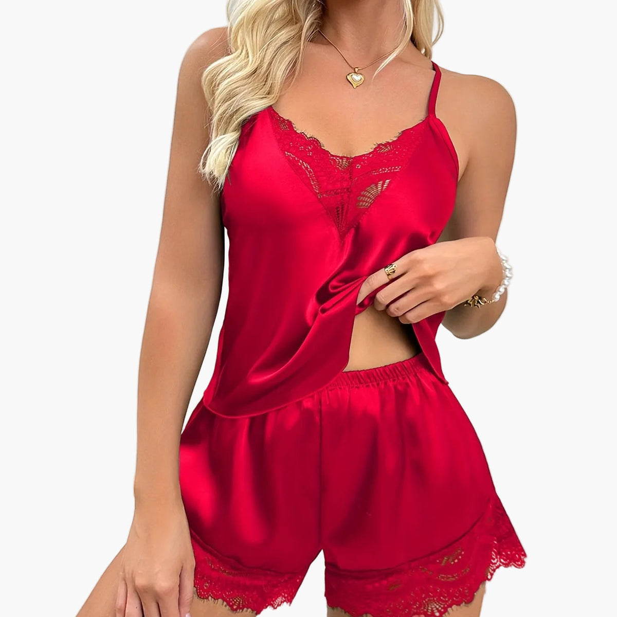 Dames Pyjamasset Met Kantdetail – V-hals Loungewear Voor Lente en Zomer