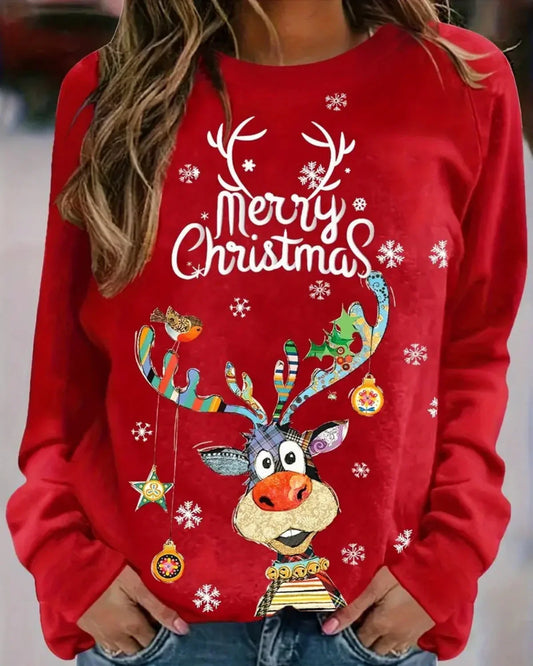 Dames Kersttrui – Feestelijke Trui met Rendierprint en Ronde Hals