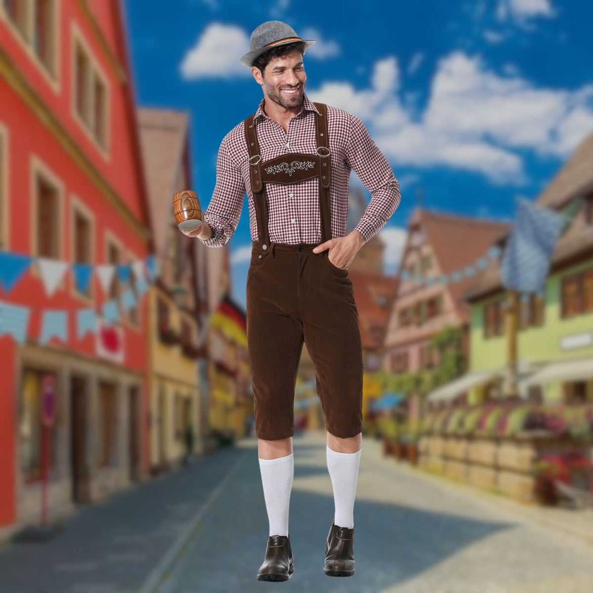 Heren 3-Delig Oktoberfest Kostuum met Bretels en Borduurdetails