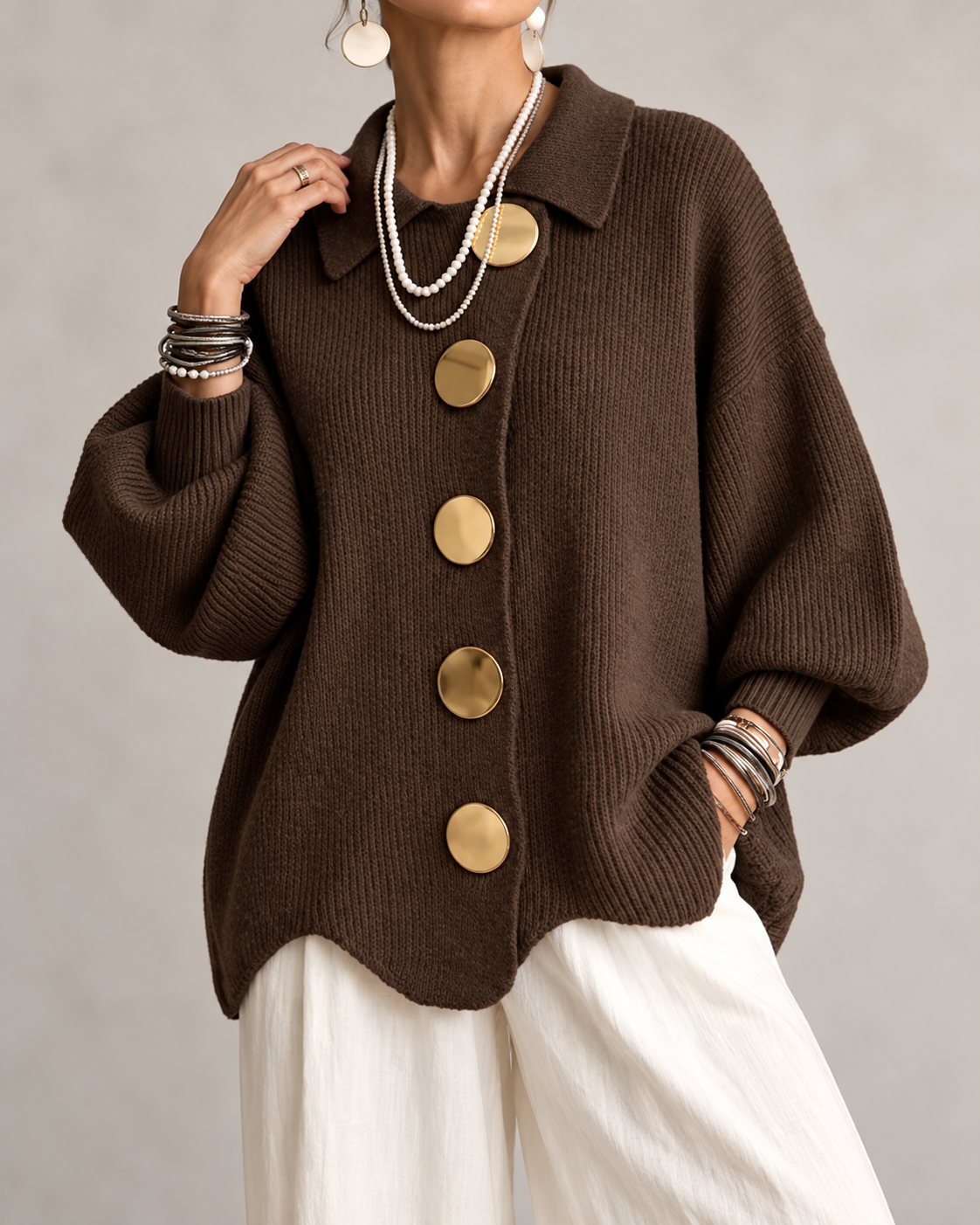 Fleur Oversized Gebreid Damesvest met Kraag en Knopen