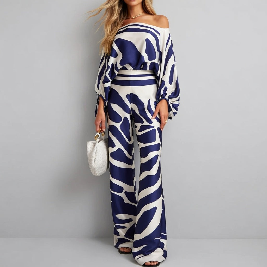 Satijnglans Off-Shoulder Set Dames Elegant Patroon Tweedelig