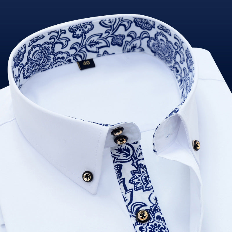 Frederick – Blauw en witte porseleinen kraag zakelijke casual overhemd met lange mouwen