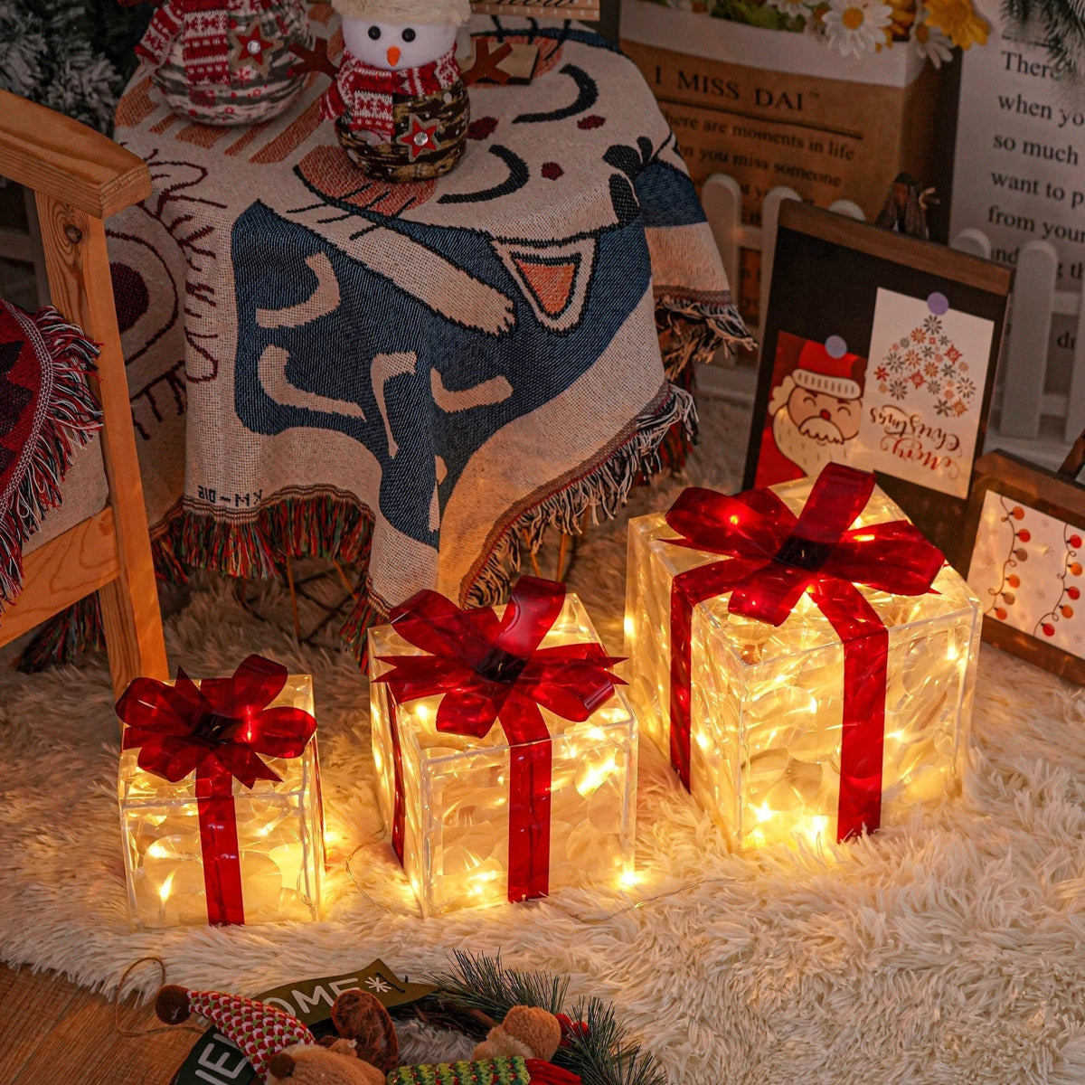 KerstGloed Verlichte Geschenkdozen Set van 3 met LED