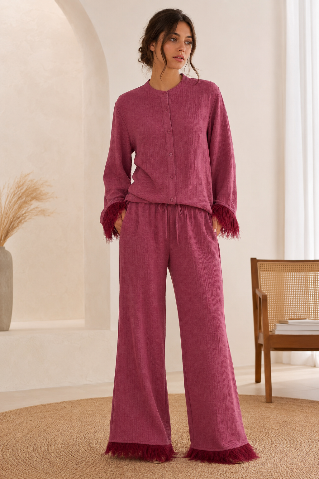 Saar Dames Glitter Set – Blouse en Wijde Broek met Veren