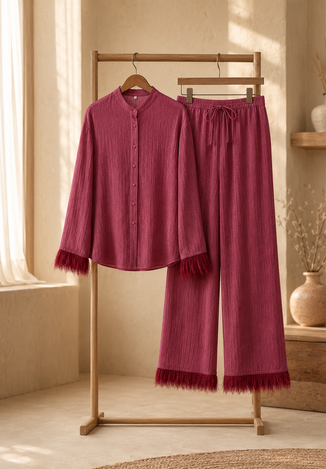 Saar Dames Glitter Set – Blouse en Wijde Broek met Veren