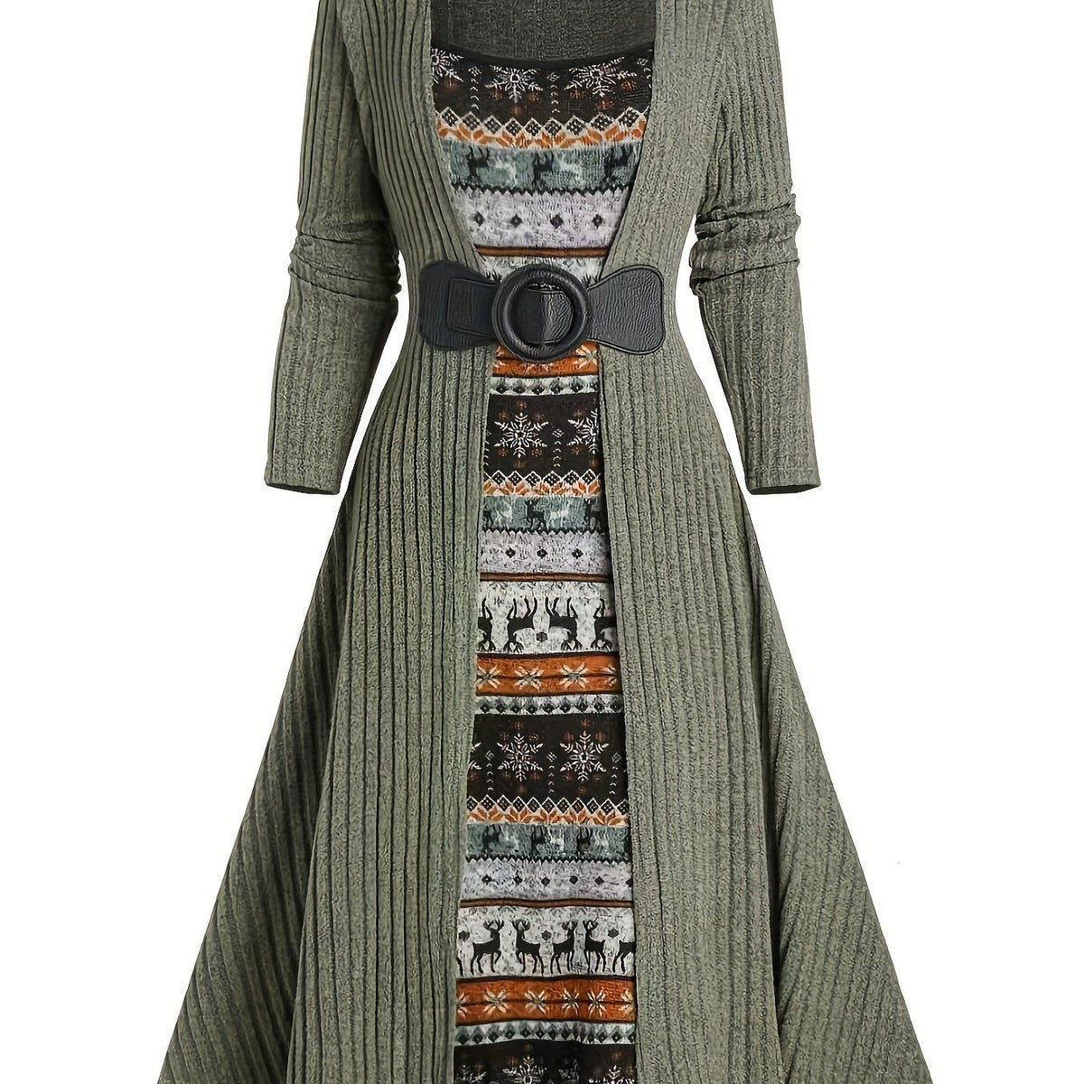 Geribbelde cardigan en jurkset met winterpatroon, lange model, riem