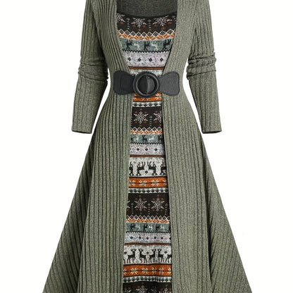 Geribbelde cardigan en jurkset met winterpatroon, lange model, riem