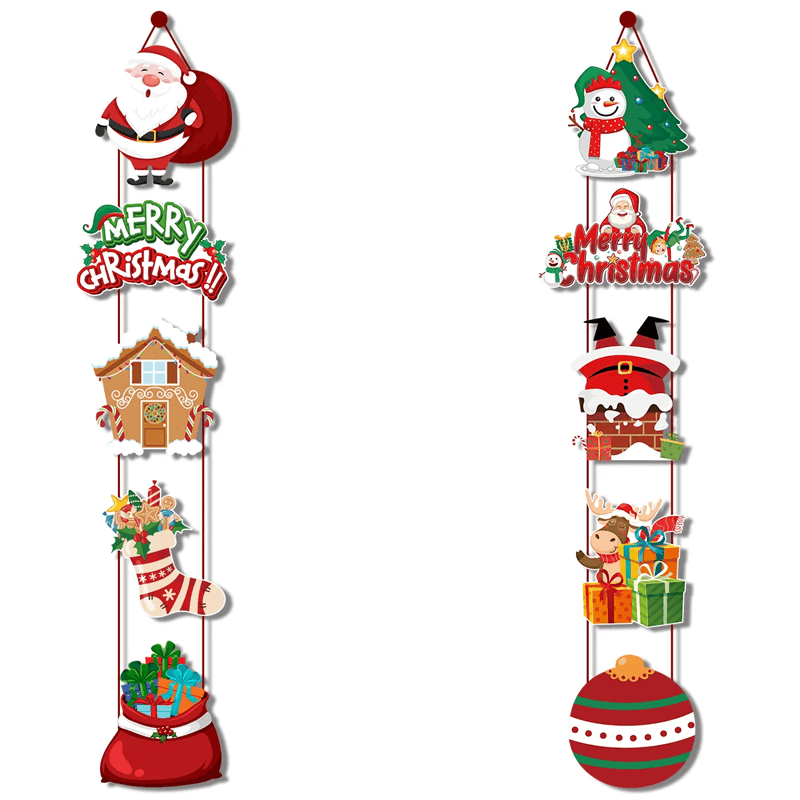 Vrolijk Kerst Hangende Deurbanner - Kerstman, Sneeuwman, Kerstboom, Peperkoekhuis
